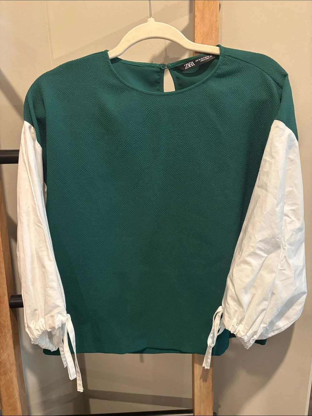 Zara Teal Green Blouse with White Puff Sleeves